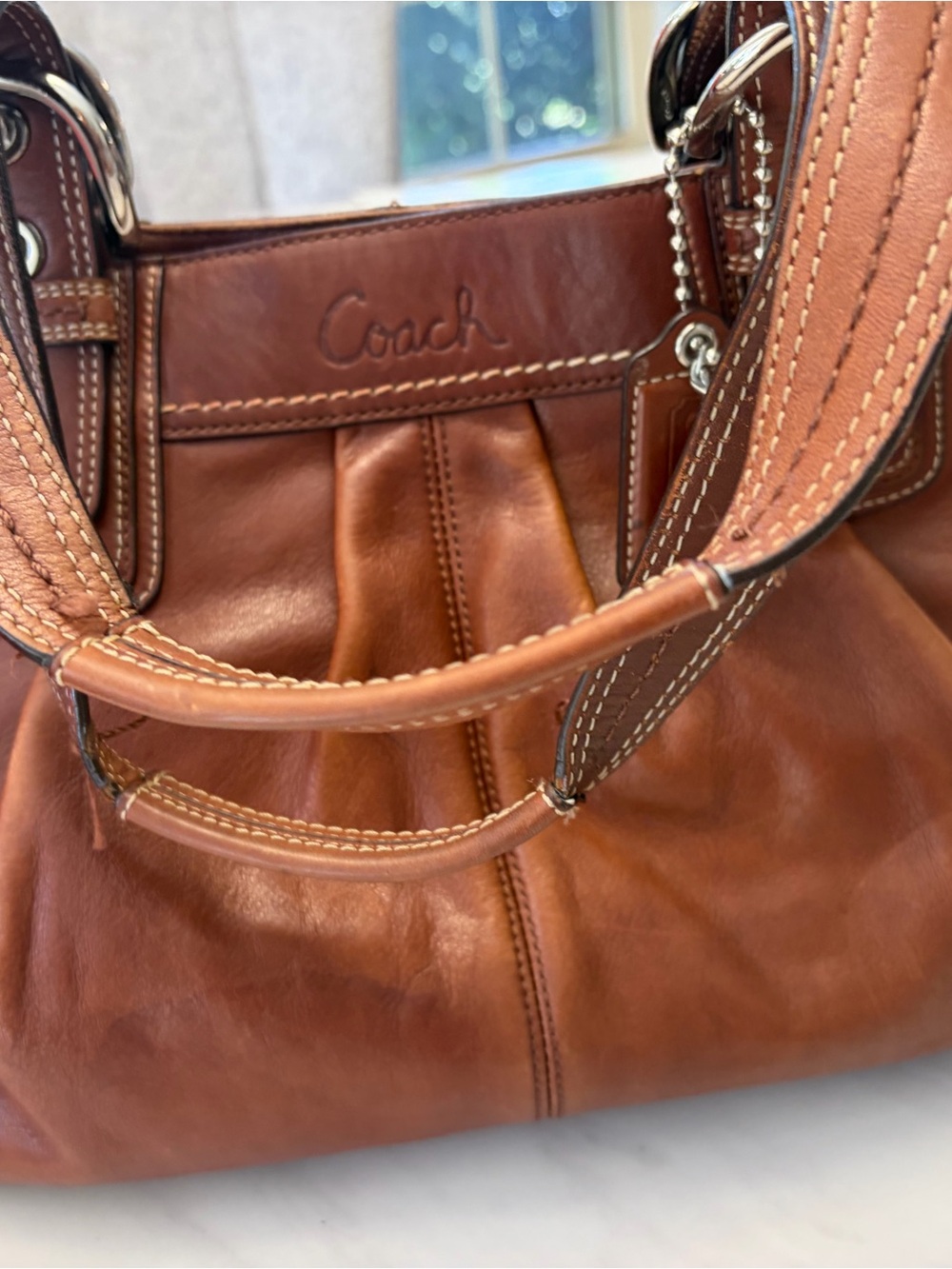 Coach Cognac Leather Shoulder Bag with Contrast Stitching
